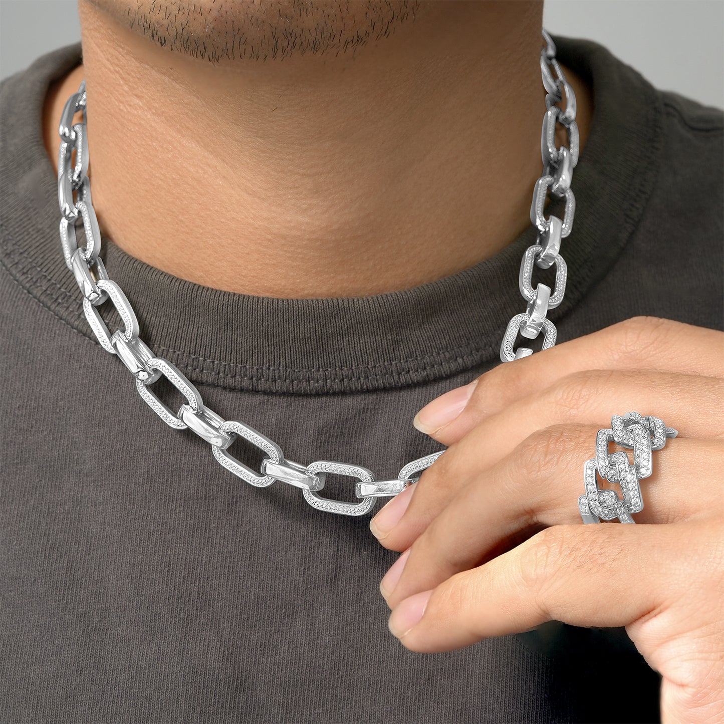 1/2 Ct. T.W Diamond Men's Link Necklace in Sterling Silver Chain in Neck