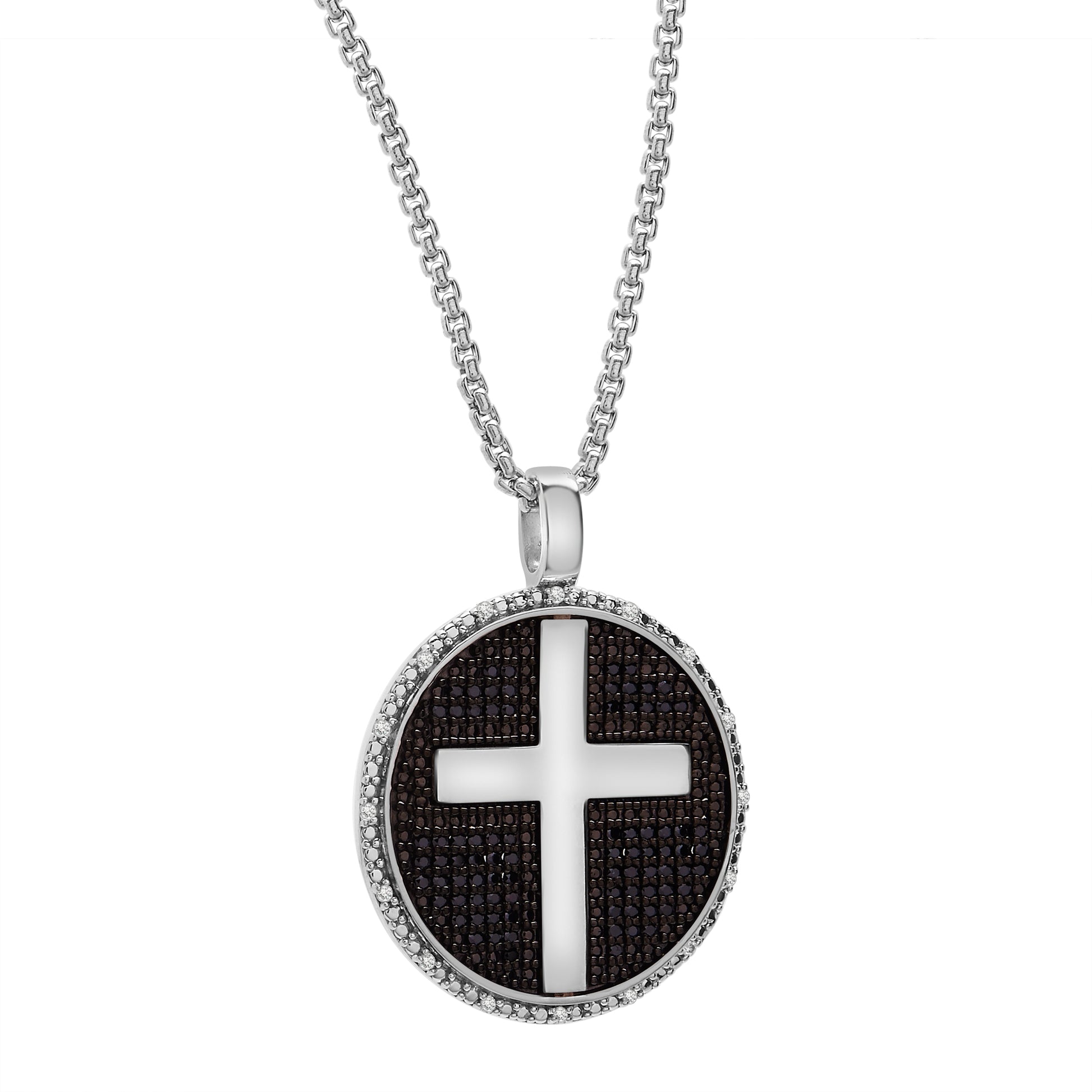 1/2 Ct. T.W Black & White  Diamond Men's Cross Disc Pendant in Sterling Silver in Circle