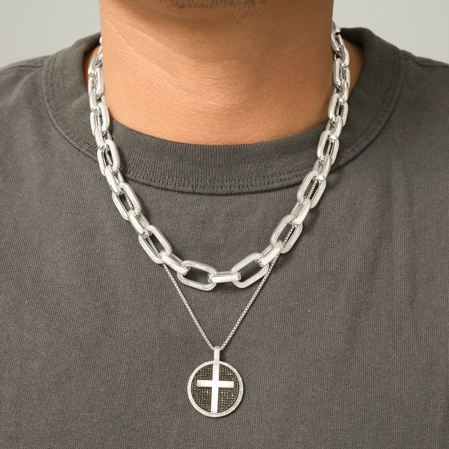 1/2 Ct. T.W Black & White  Diamond Men's Cross Disc Pendant in Sterling Silver On T-shirt