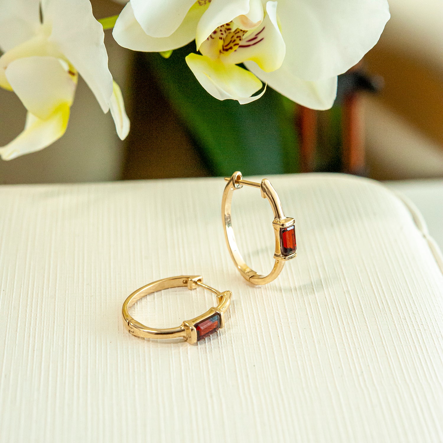 Hazel Single Garnet Gemstone Hoop Earrings In Gold