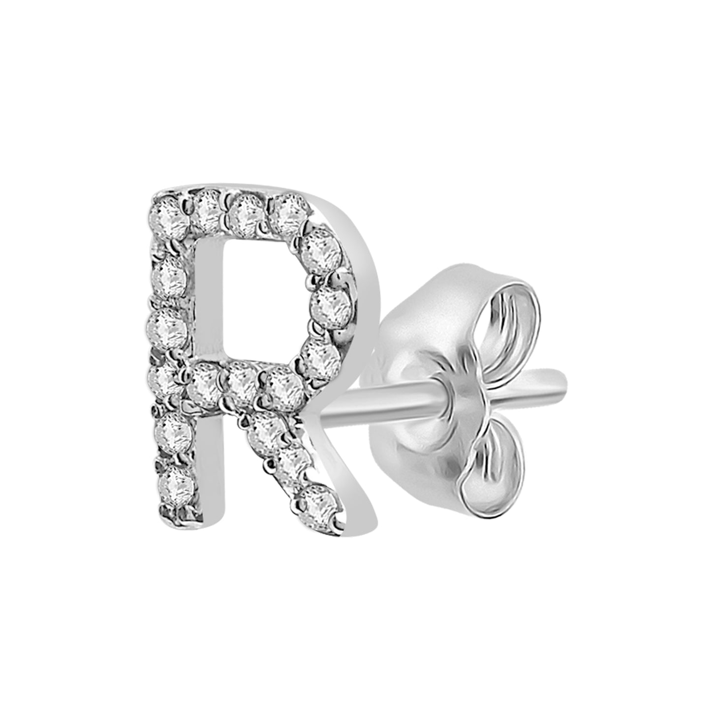 Single Initial Diamond Stud - R in White Gold