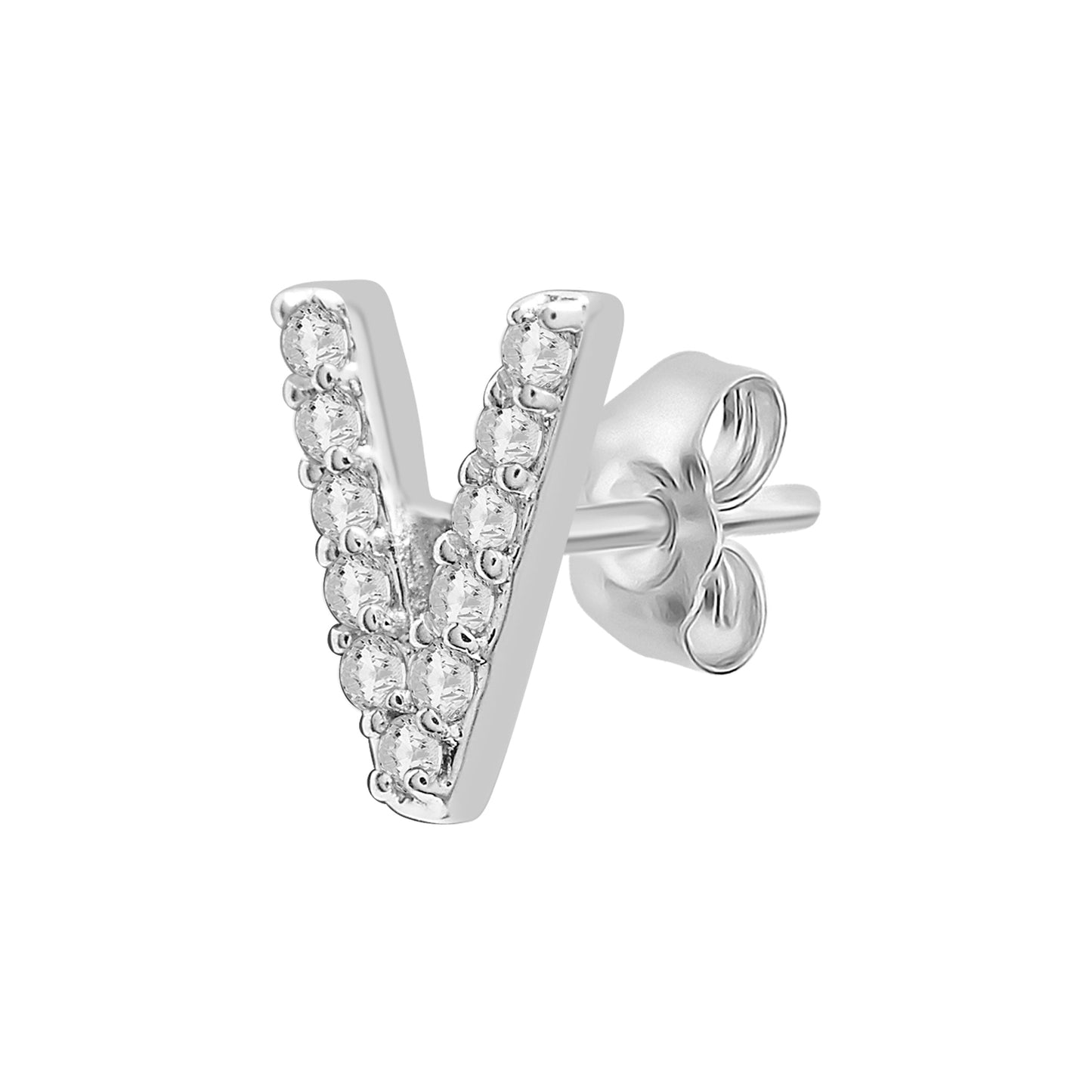 Single Initial Diamond Stud - V in White Gold