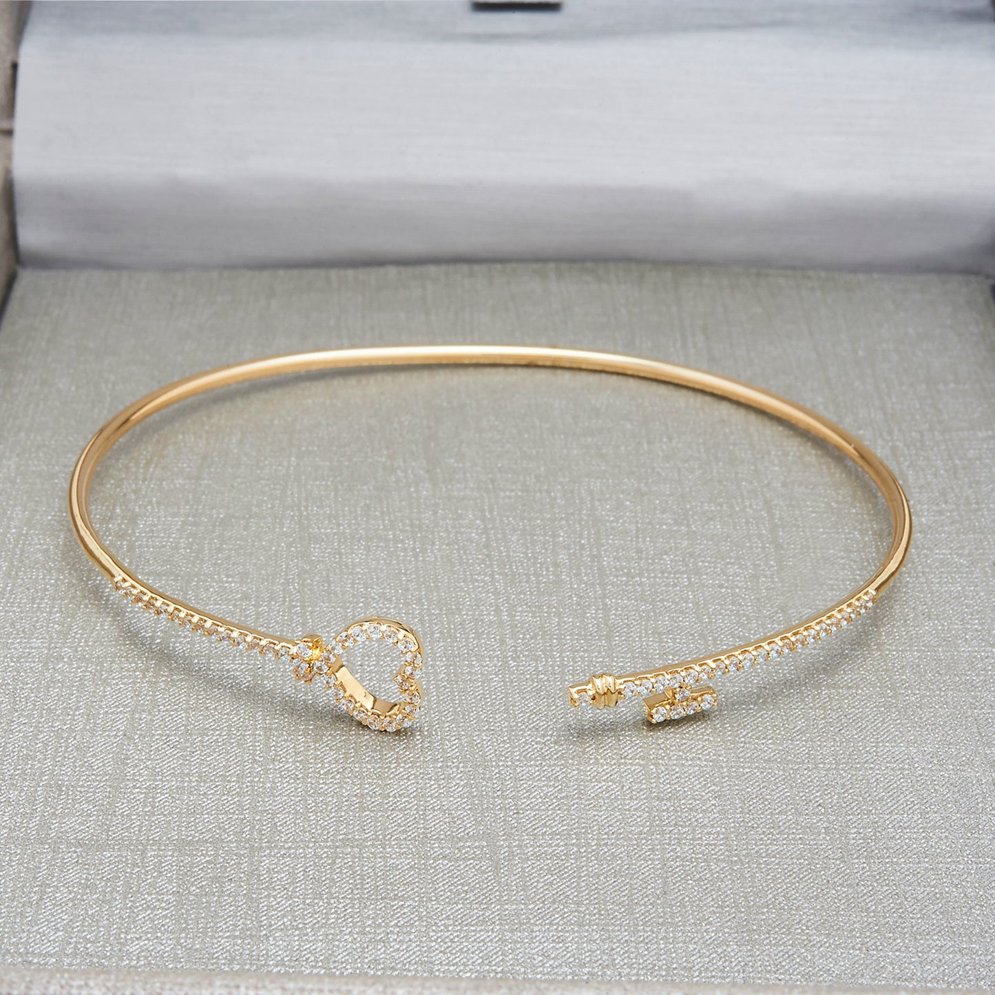 Brooklyn Lock and Heart Key Flexible Bangle Place on Box