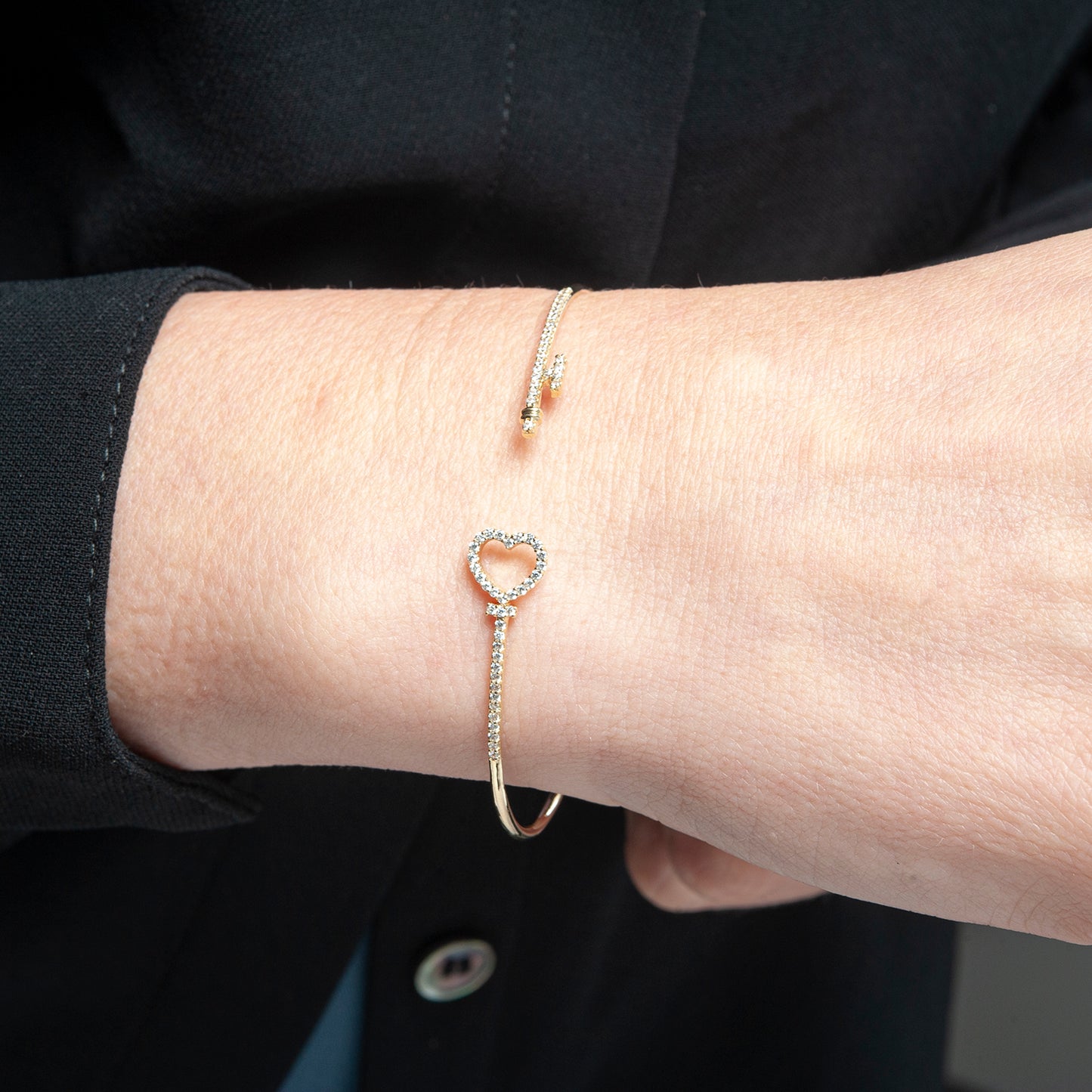 Brooklyn Lock and Heart Key Flexible Bangle In Hand with Heart Shape
