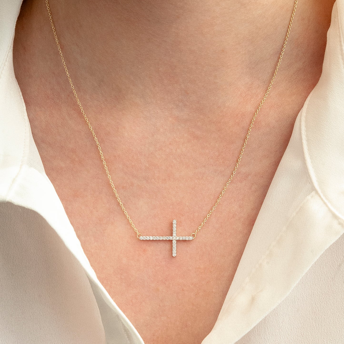 Chelsea Sideways Cross Diamond Necklace In Neck