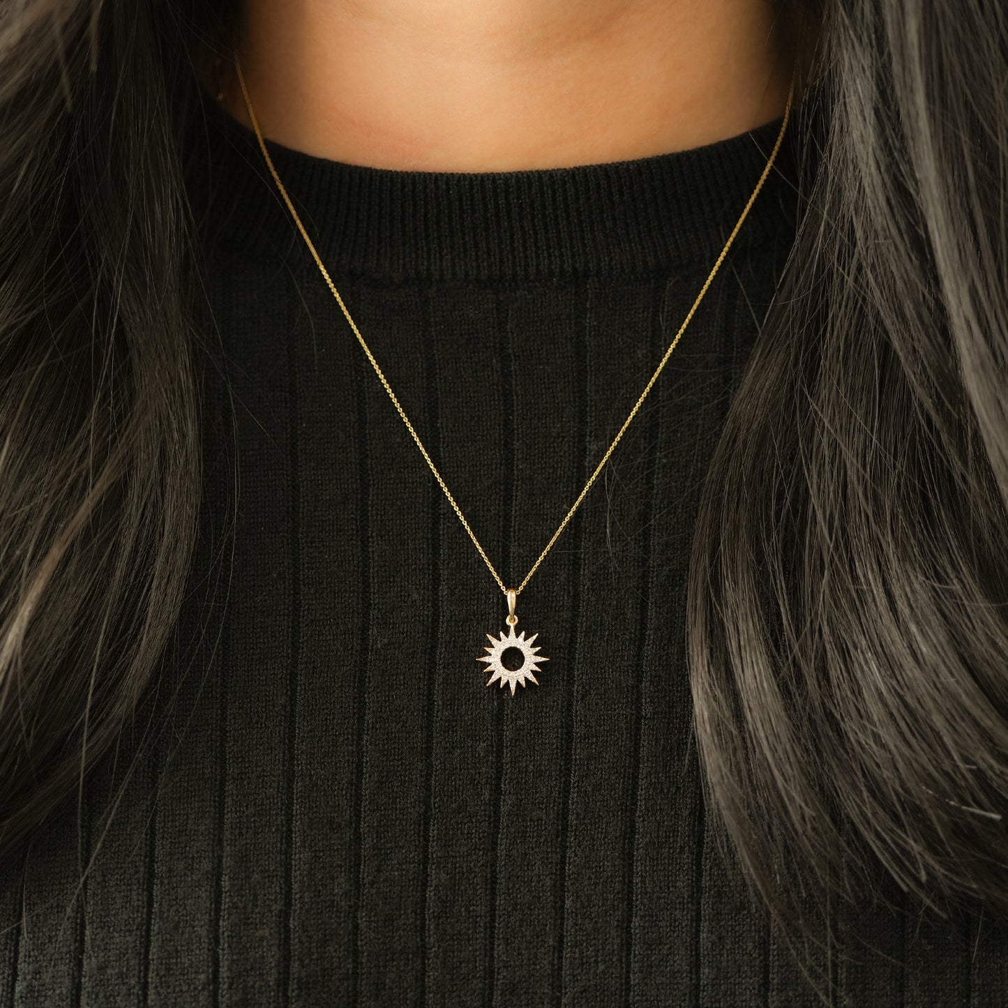 Luna Diamond Starburst Pendant In Gold With Gold Chain