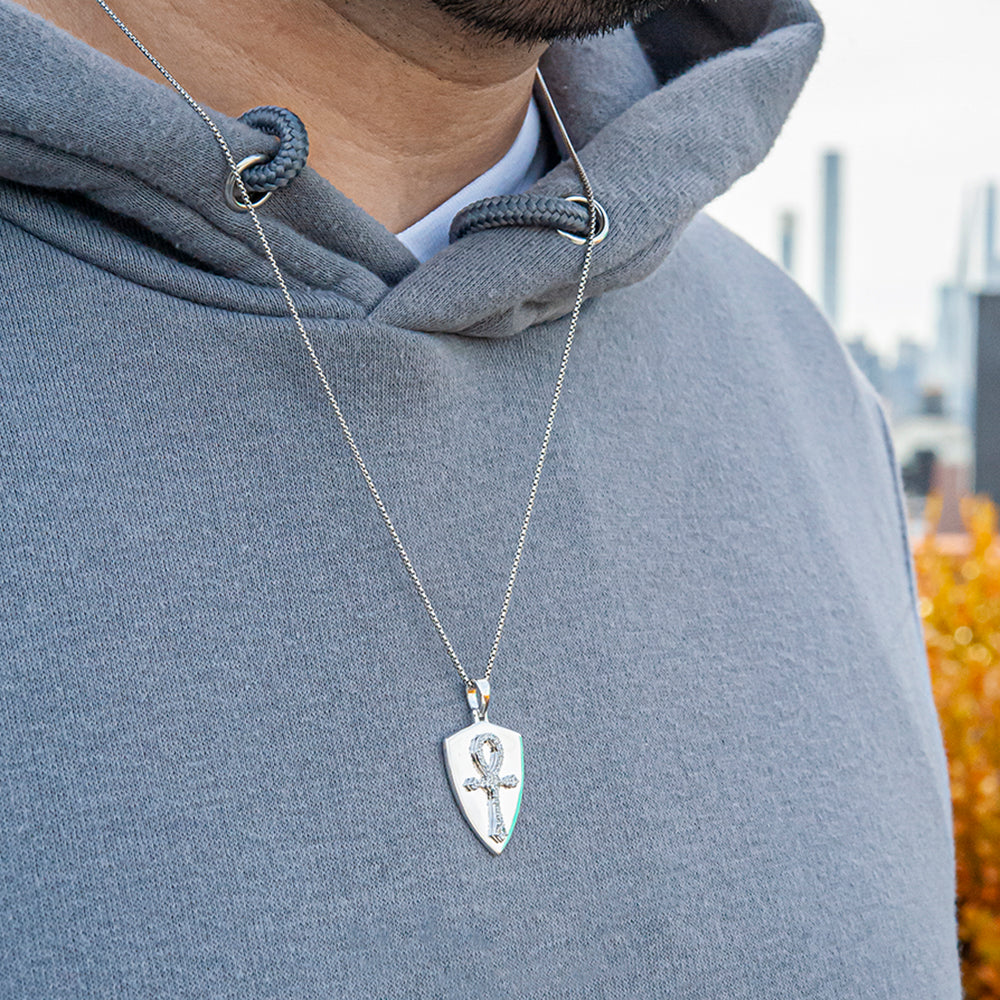 Diamond Ankh Cross Shield Pendant On Men's T-Shirt
