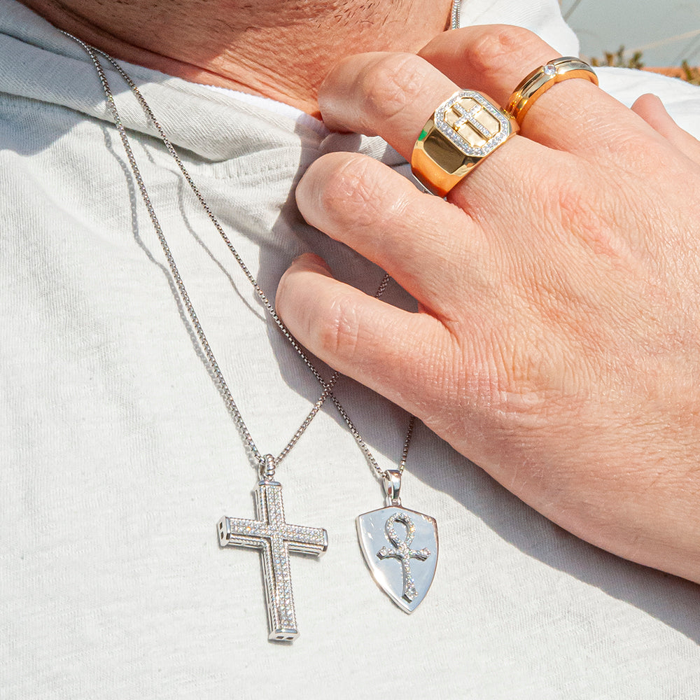 Diamond Ankh Cross Shield Pendant On Men's T-Shirt With Rings