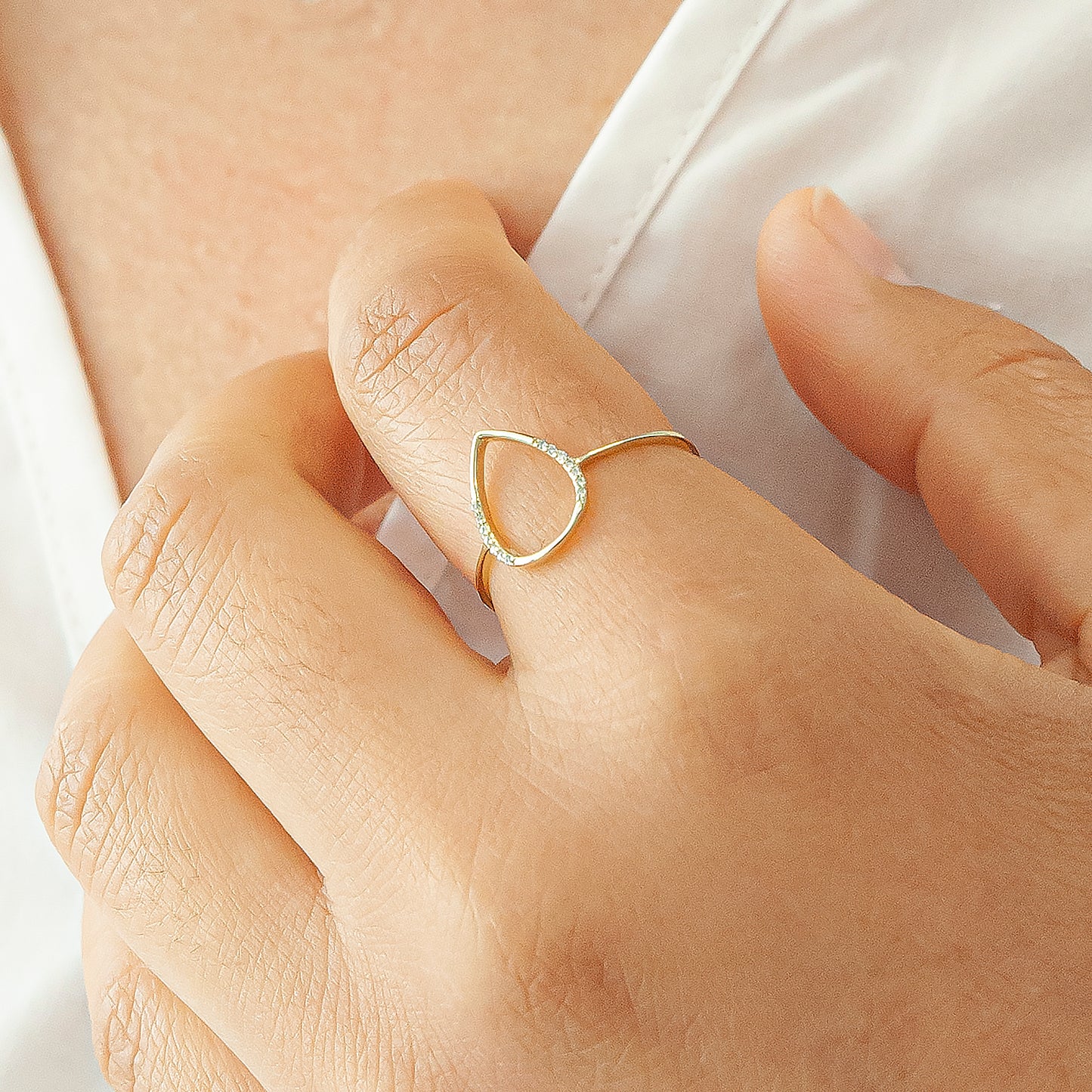 Open Pear Half Diamond Shape Ring in Yellow Gold