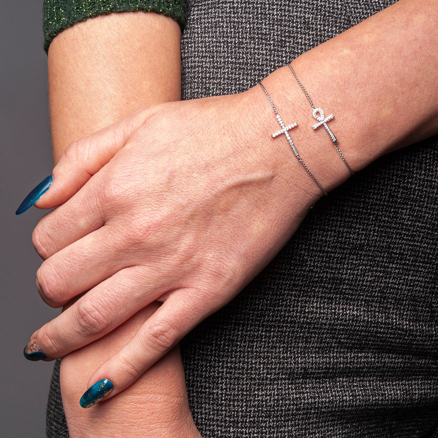 Two Brynn Ankh Diamond Cross Bolo Bracelet
