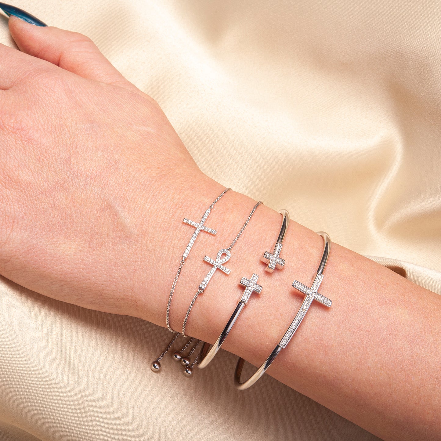 Four Brynn Ankh Diamond Cross Bolo Bracelet