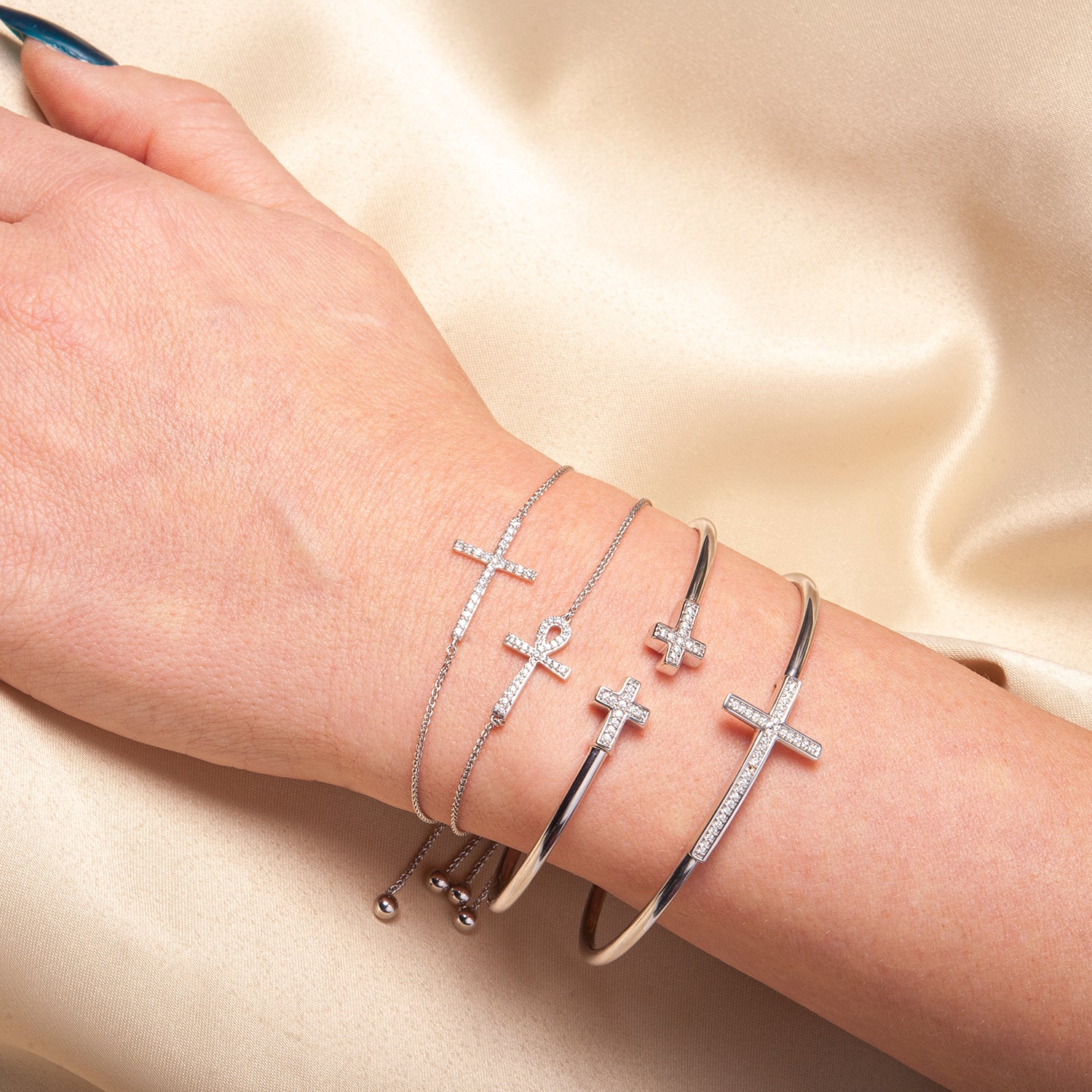 Four Brynn Ankh Diamond Cross Bolo Bracelet