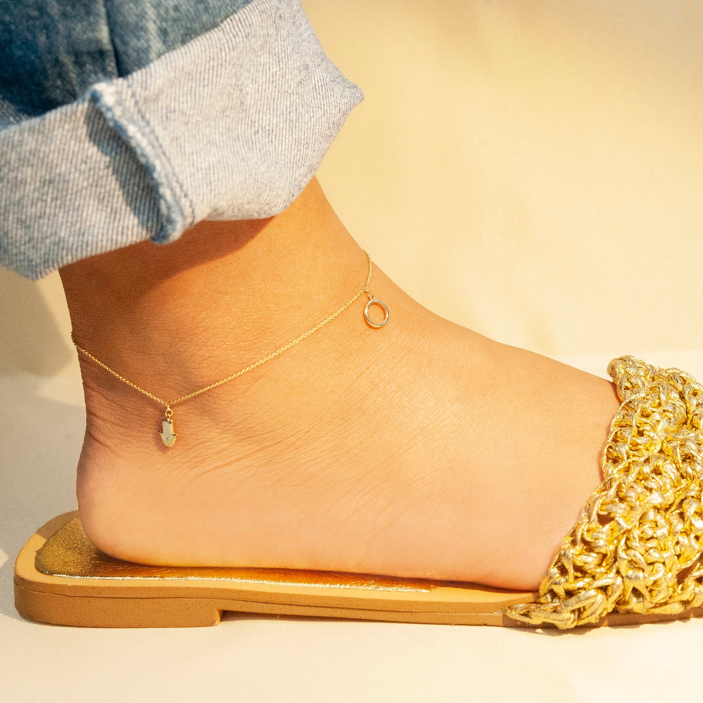 Averie Diamond Circle & Hamsa Anklet in leg