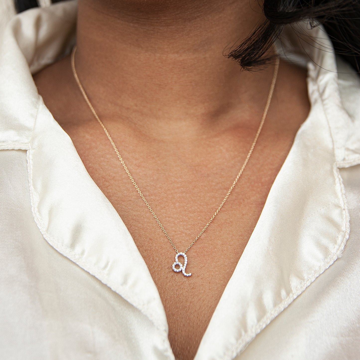 Leo Zodiac Diamond Necklace In Neck