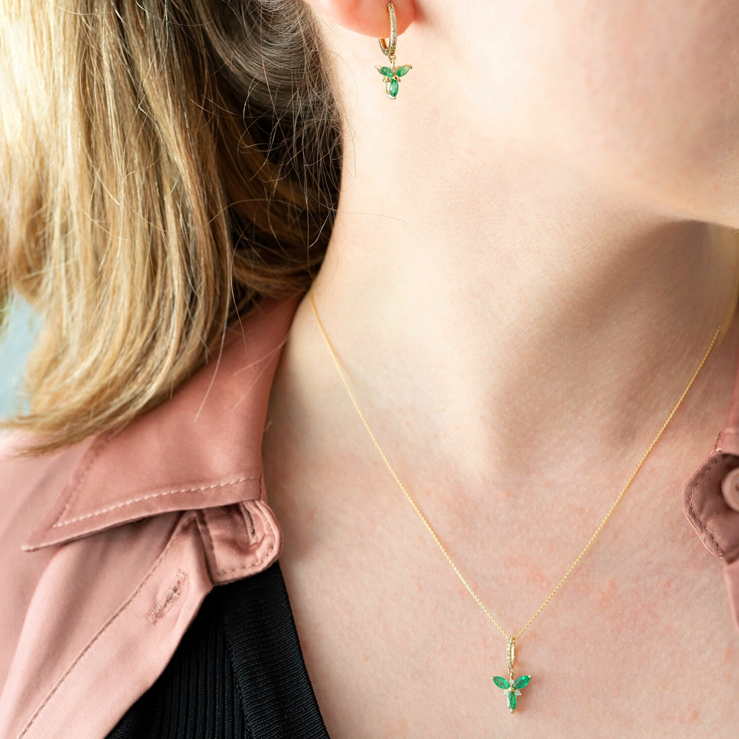 Emerald Flower & Diamond Accent Pendant In Girl Neck