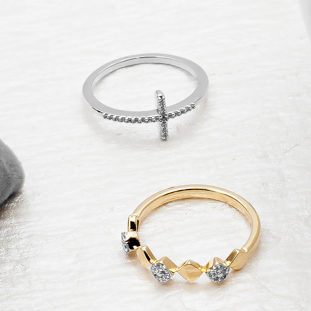 Chloe Sideways Cross Diamond Ring In Gold & Silver