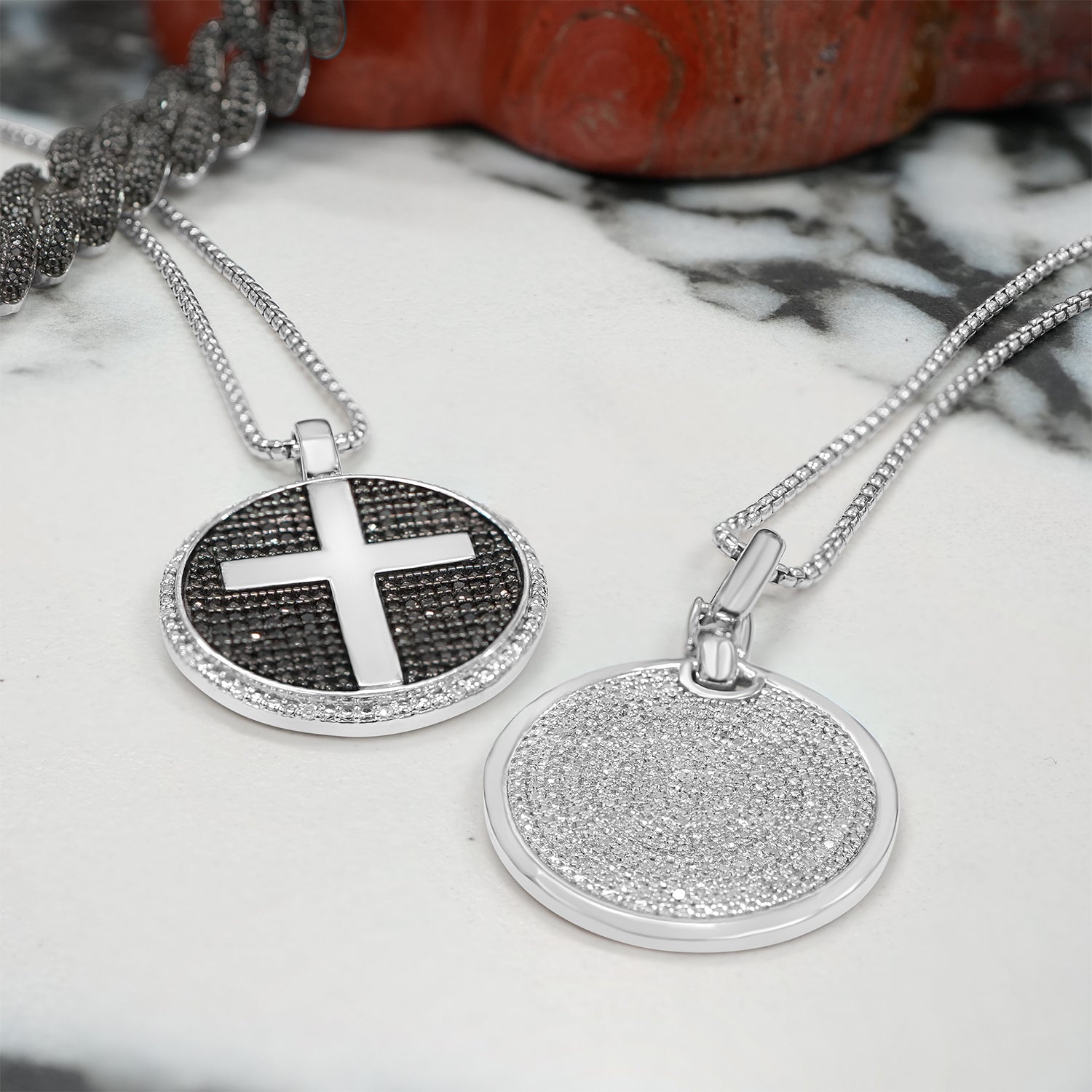 1/2 Ct. T.W Black & White  Diamond Men's Cross Disc Pendant in Sterling Silver In Two Shape