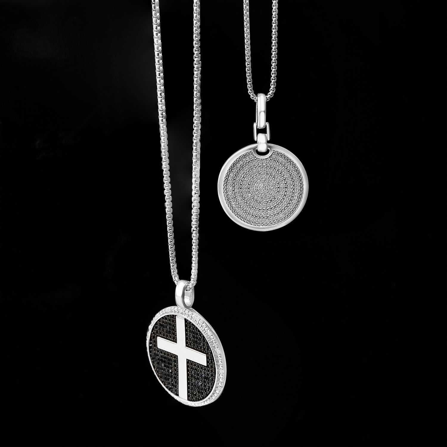 1/2 Ct. T.W Black & White  Diamond Men's Cross Disc Pendant in Sterling Silver From Front View