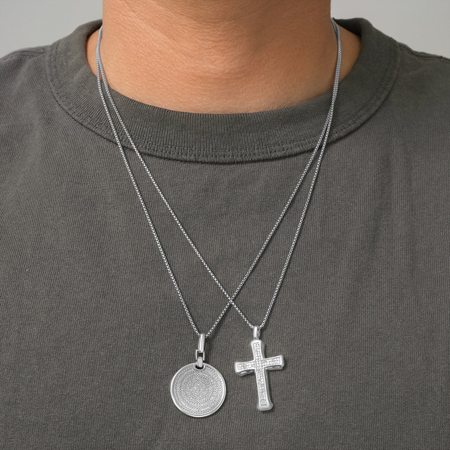 1/4 Ct. T.W Diamond Men's Cross Pendant in Sterling Silver On Gray T-shirt