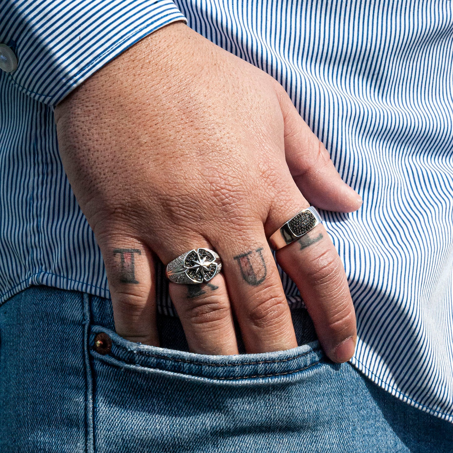 Black & White Diamond Ring In man fingers