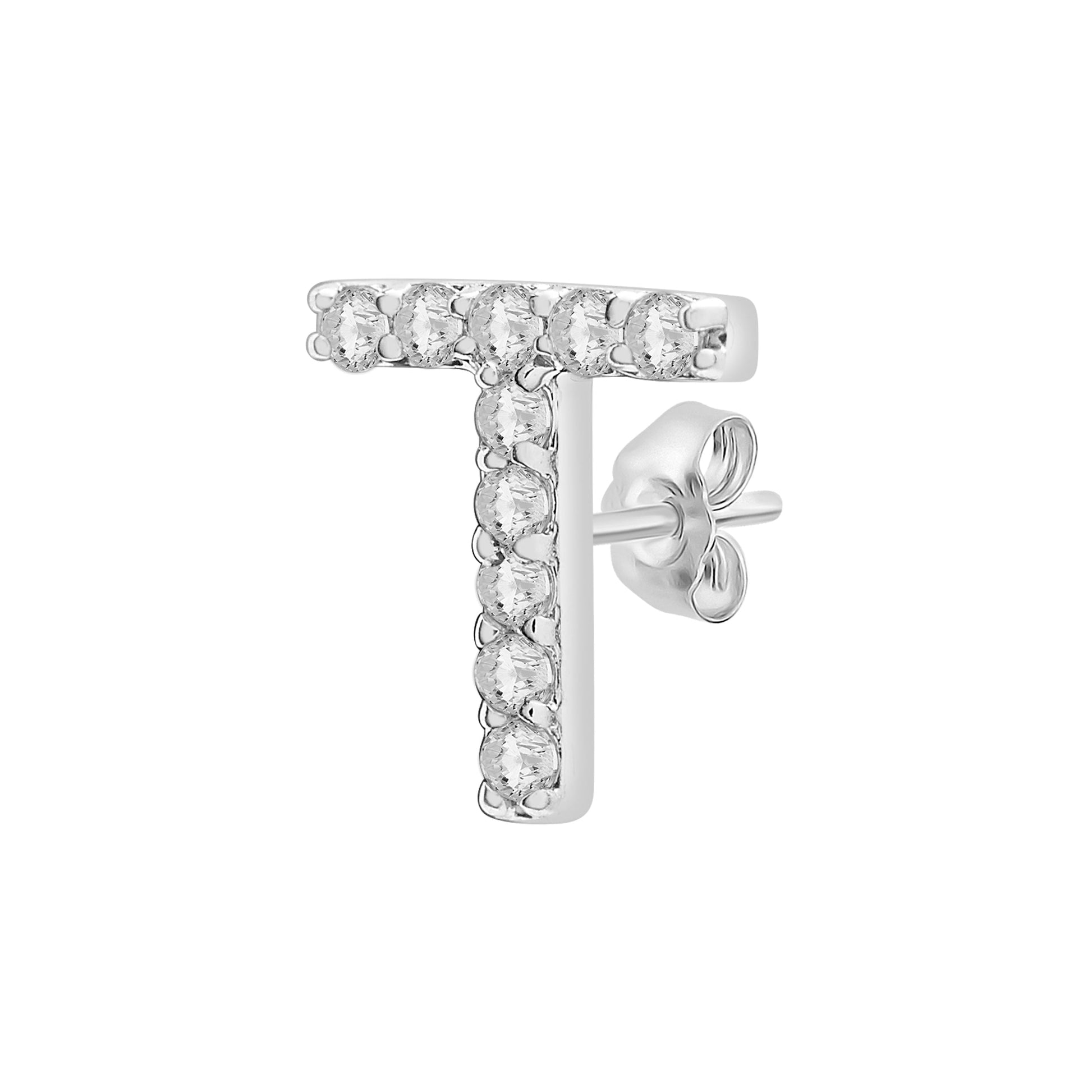 Single Initial Diamond Stud - T in White Gold for Ear