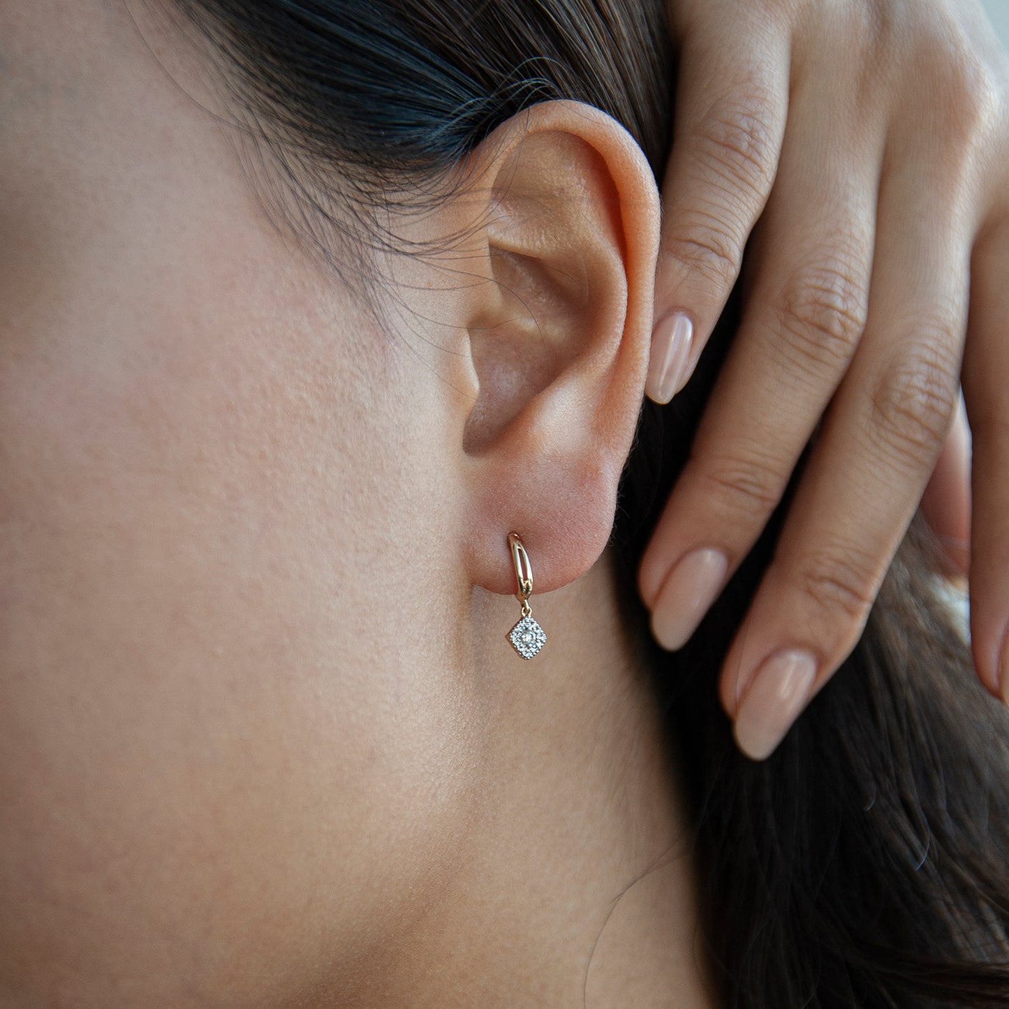 Enid Diamond Cushion Dangle Earrings In girl Ear