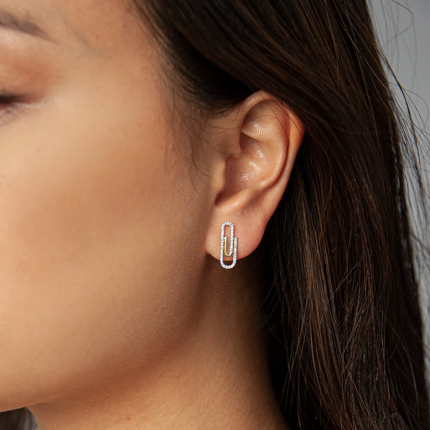 Erta Diamond Paperclip Stud Earrings In Ear
