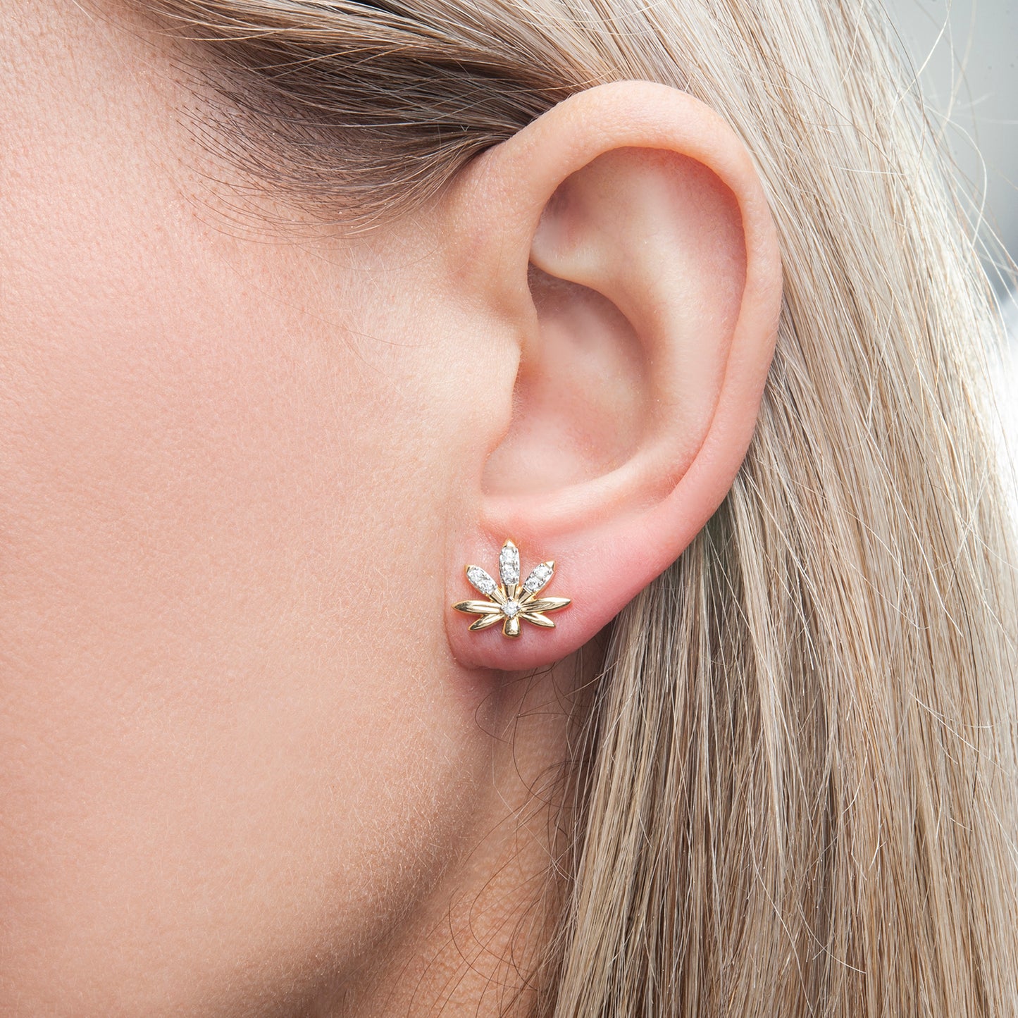 Mary Jane Diamond Leaf Stud Earrings In Lady's Ear