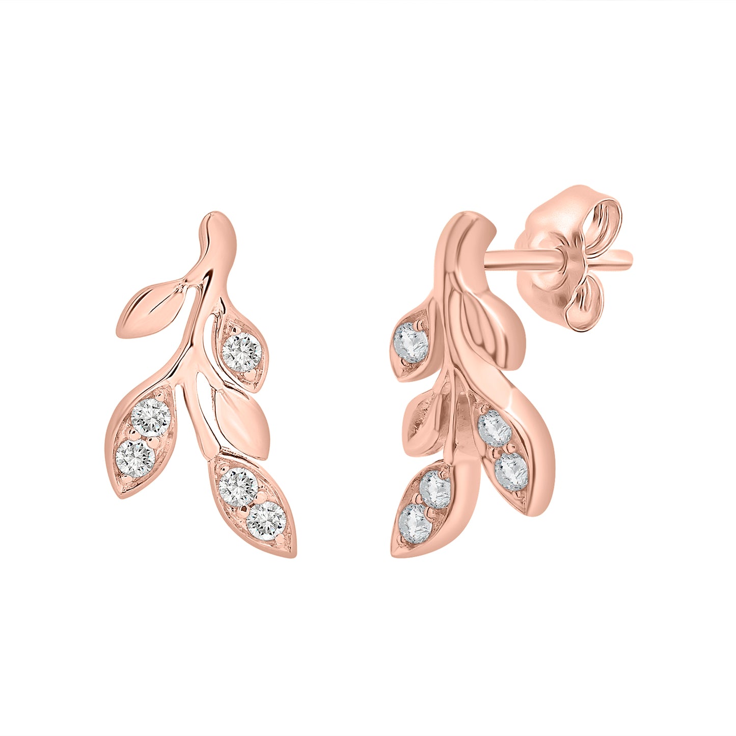 Desi Diamond Leaf Stud Earrings In Rose Gold From side View