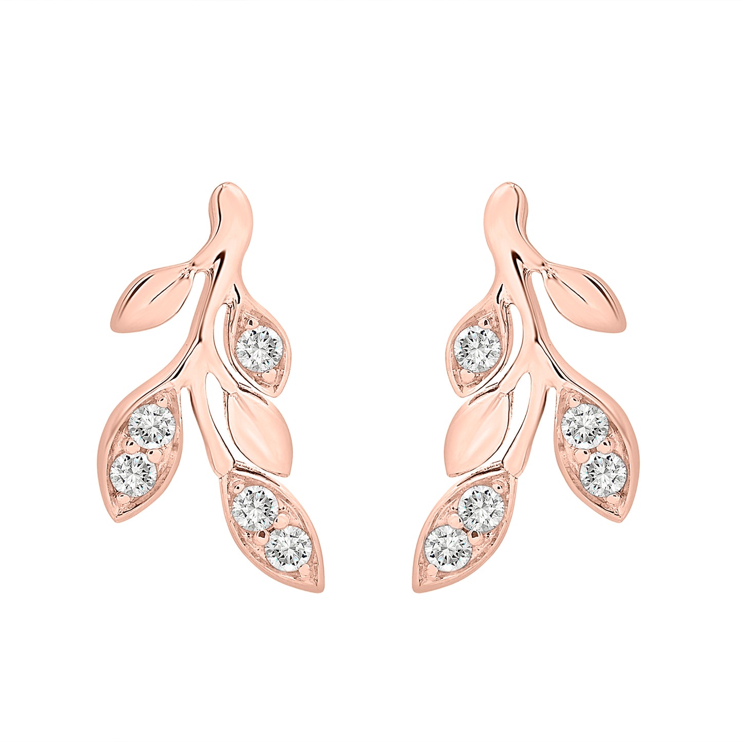 Desi Diamond Leaf Stud Earrings In Rose Gold From Front View