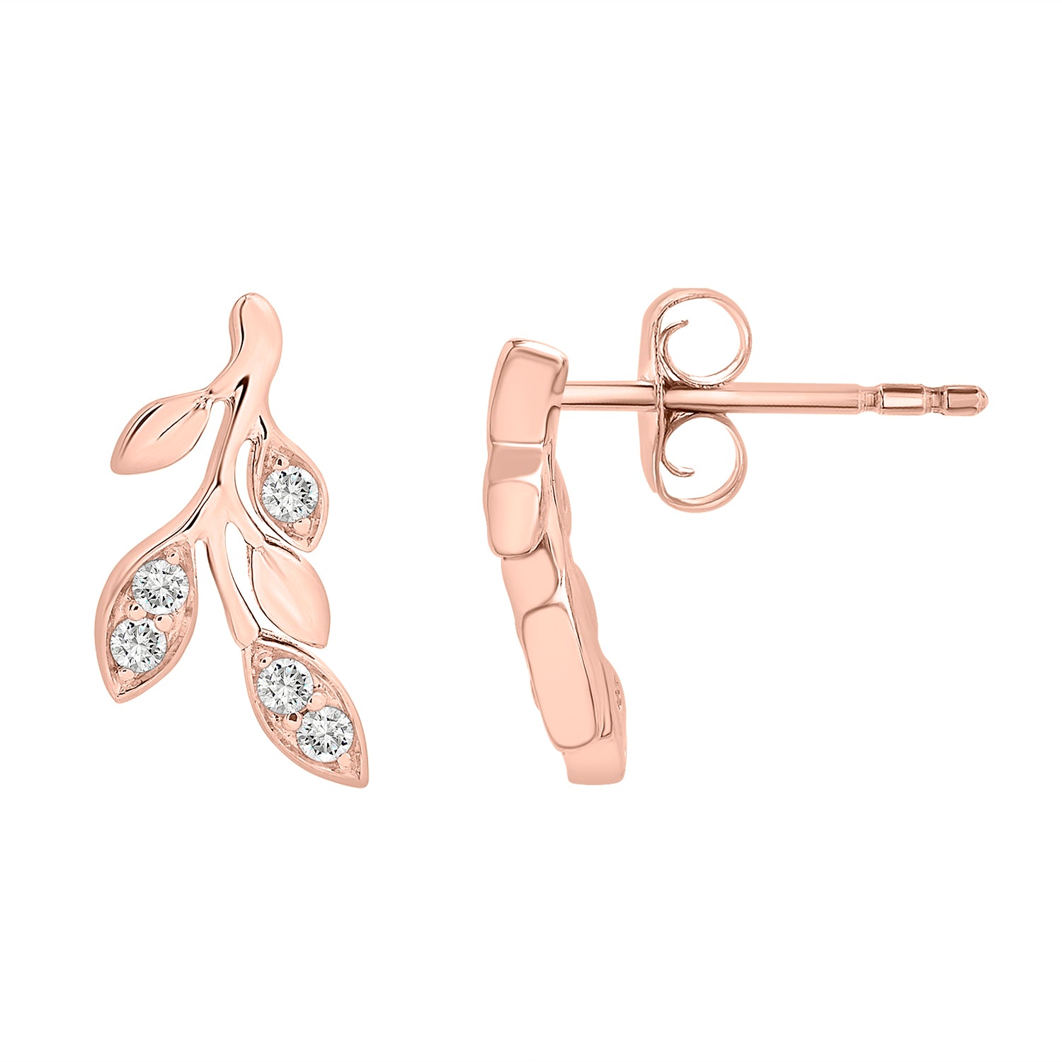 Desi Diamond Leaf Stud Earrings In Rose Gold From Right View