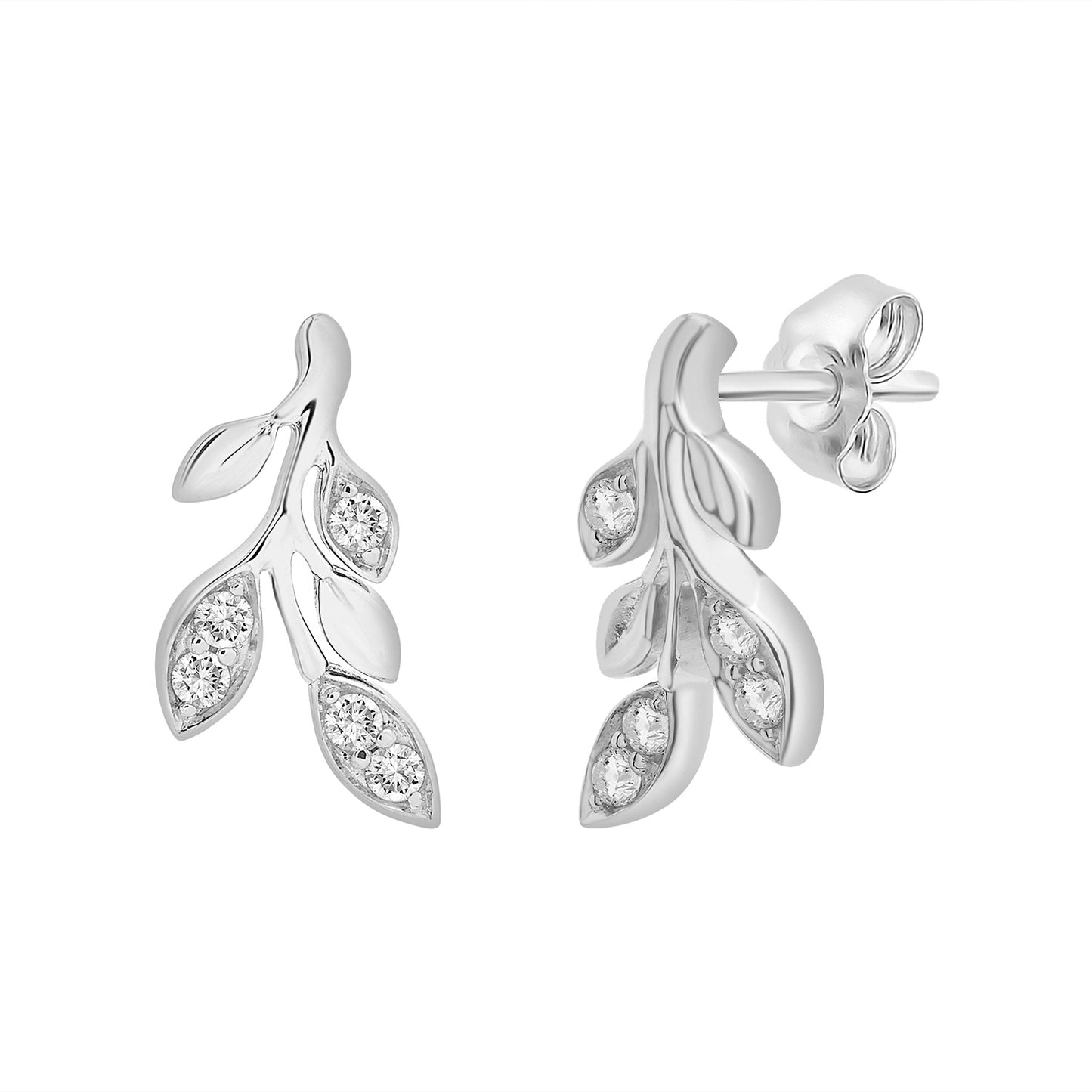 Desi Diamond Leaf Stud Earrings In Silver With Front View