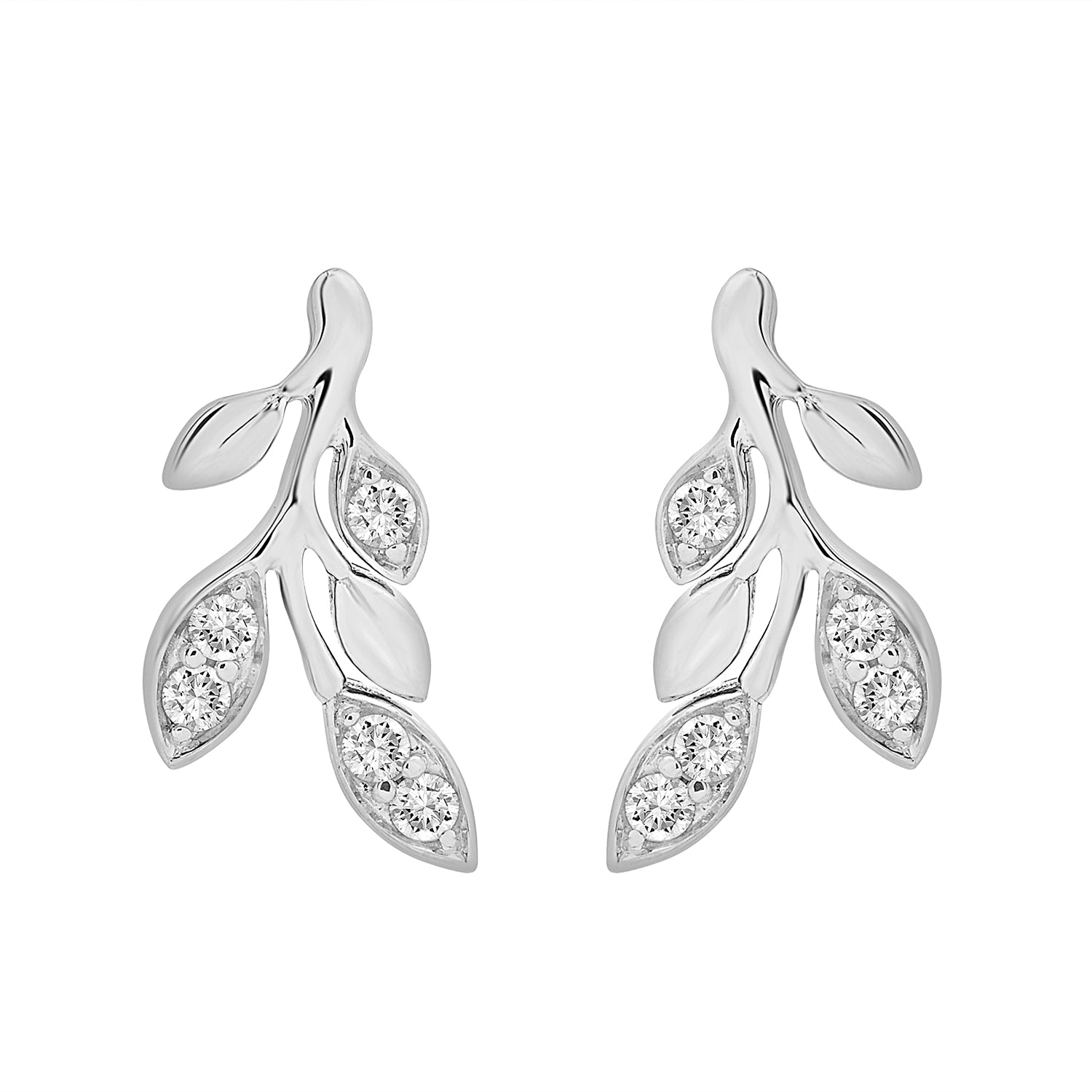 Desi Diamond Leaf Stud Earrings In Silver From Front View