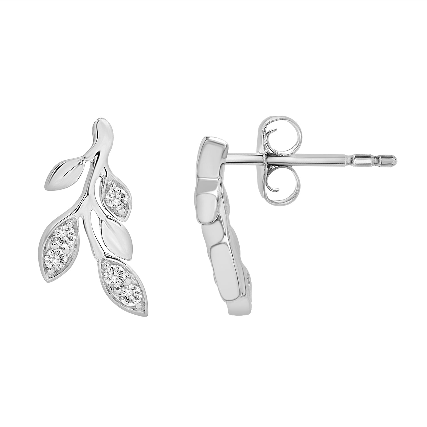 Desi Diamond Leaf Stud Earrings In Silver From Left View