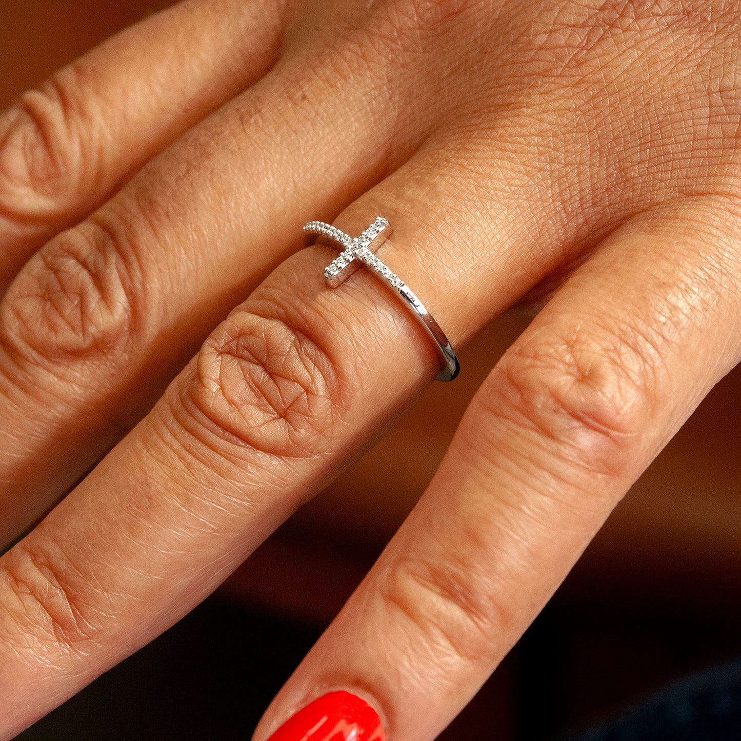 Silver Chloe Sideways Cross Diamond Ring In Hand Fingure