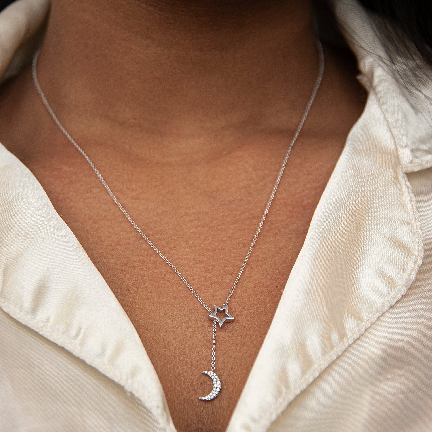 Panya Diamond Star and Moon Drop Necklace in Sterling Silver