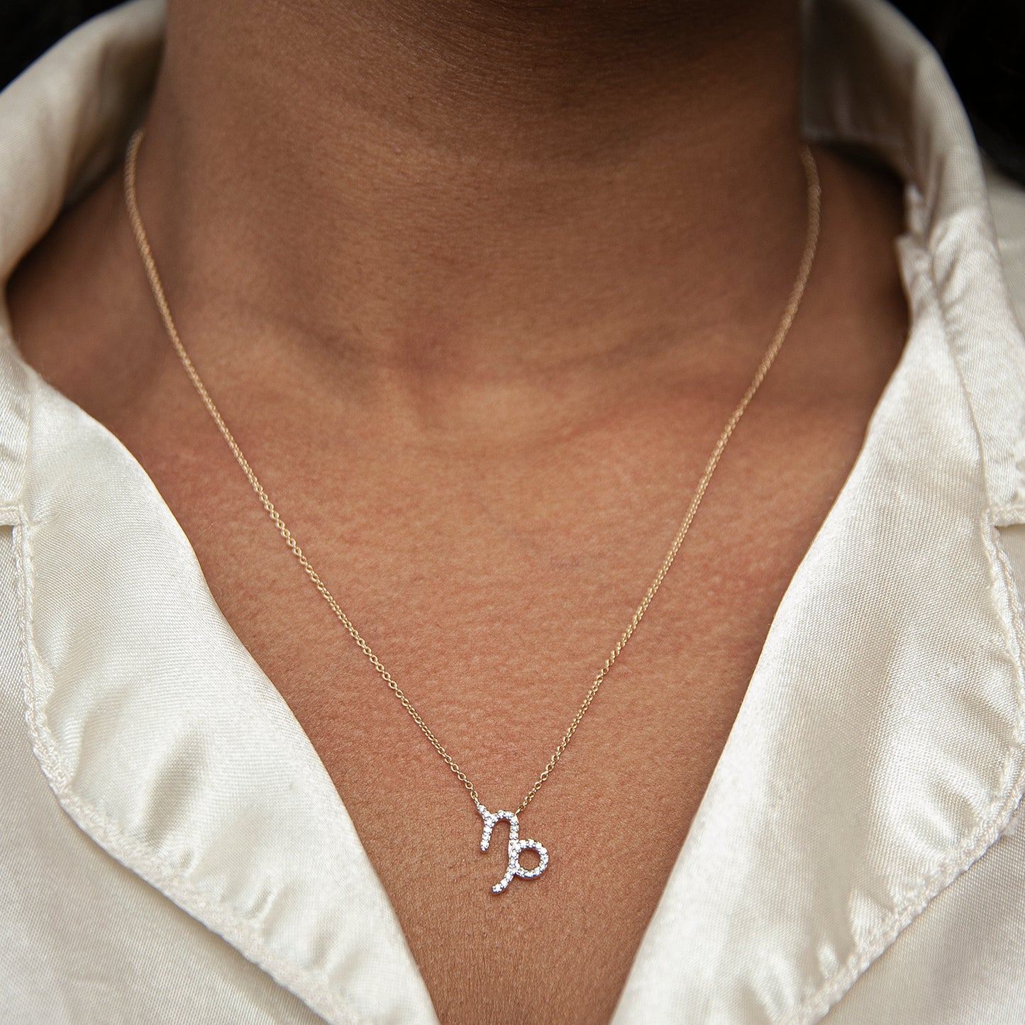 Capricorn Zodiac Diamond Necklace in Neck
