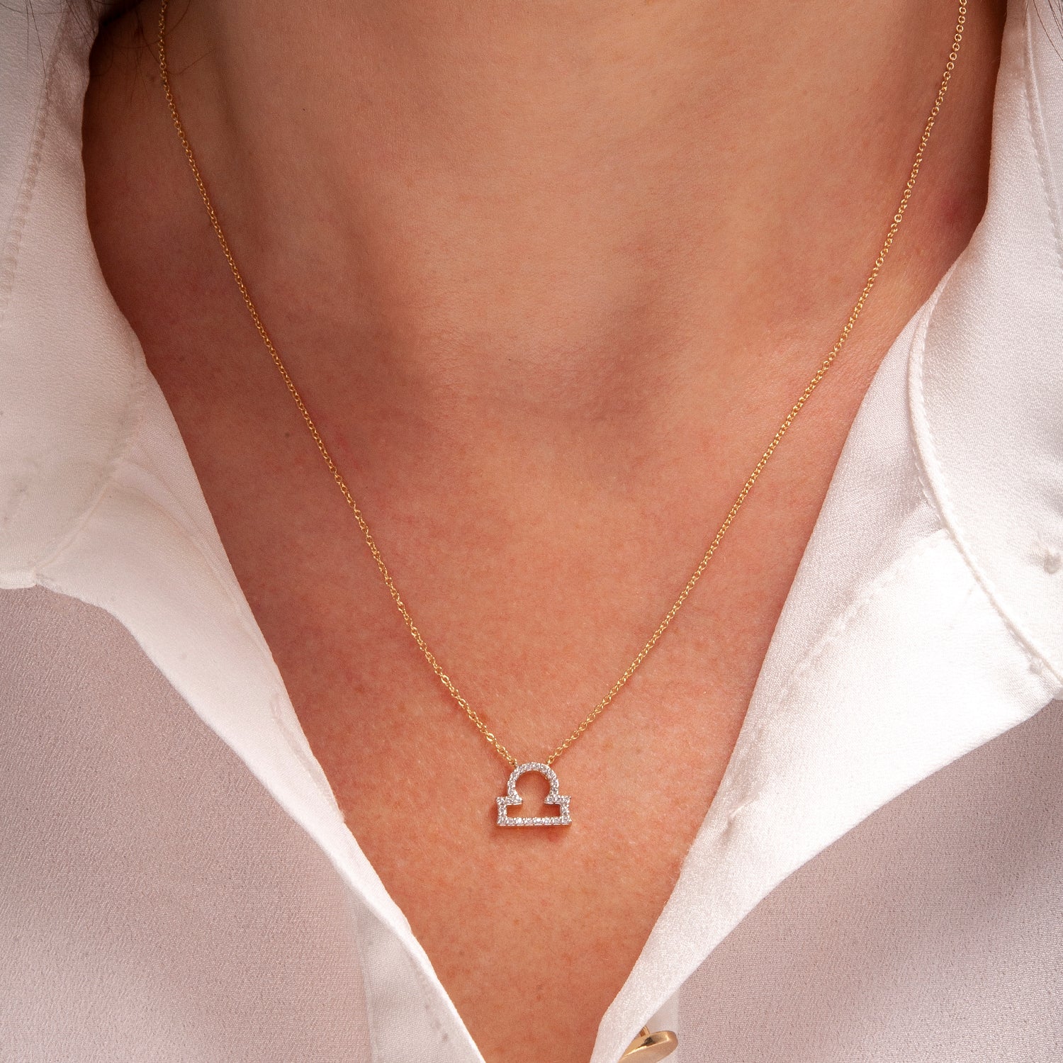 Libra Zodiac Diamond Necklace In Lady's Neck With Gold Chain
