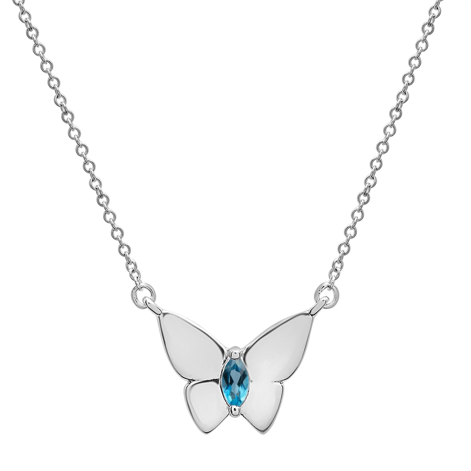 Sky Blue Stone Butterfly Birthstone Necklace with Silver chain