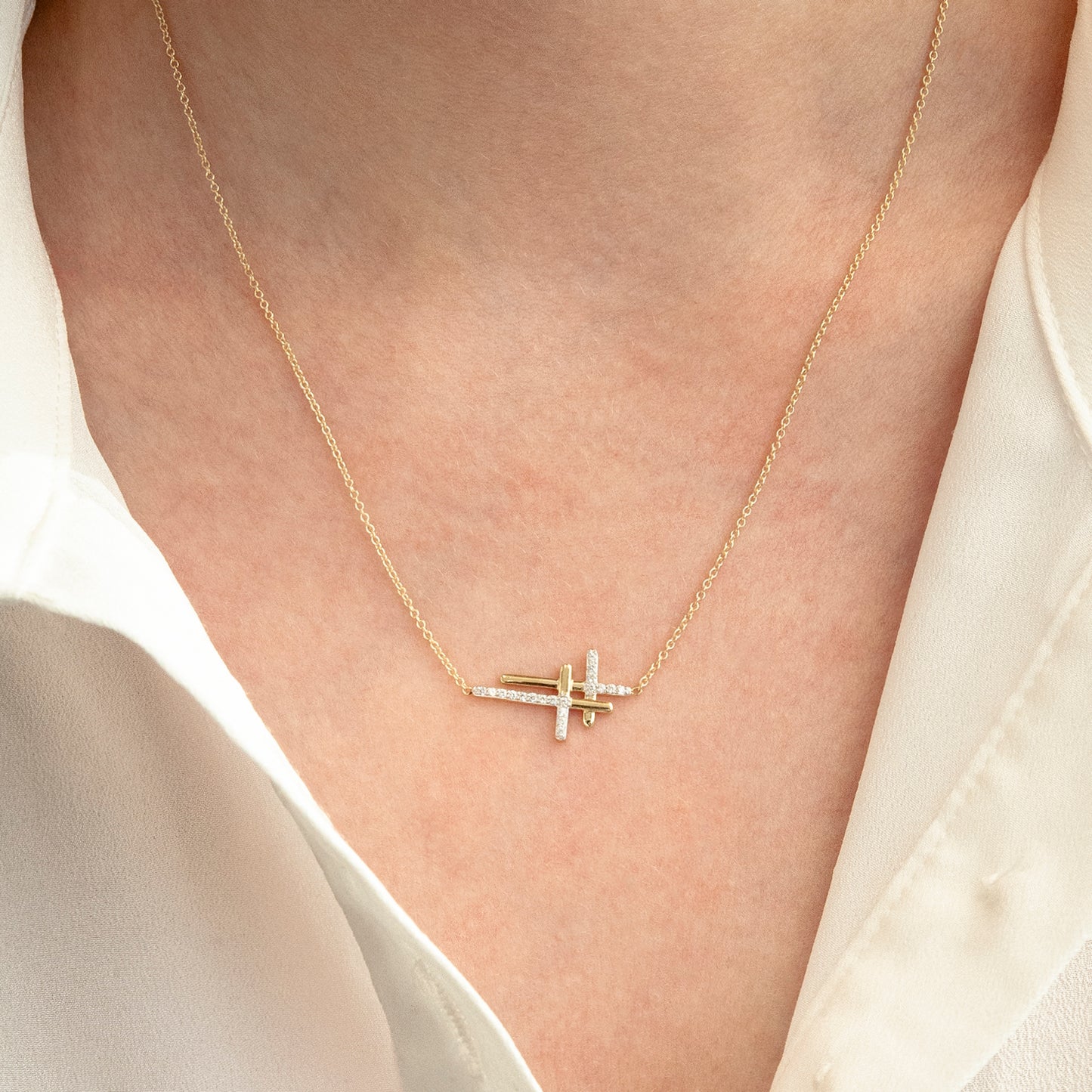 Celine Sideways Double Cross Diamond Necklace In Neck