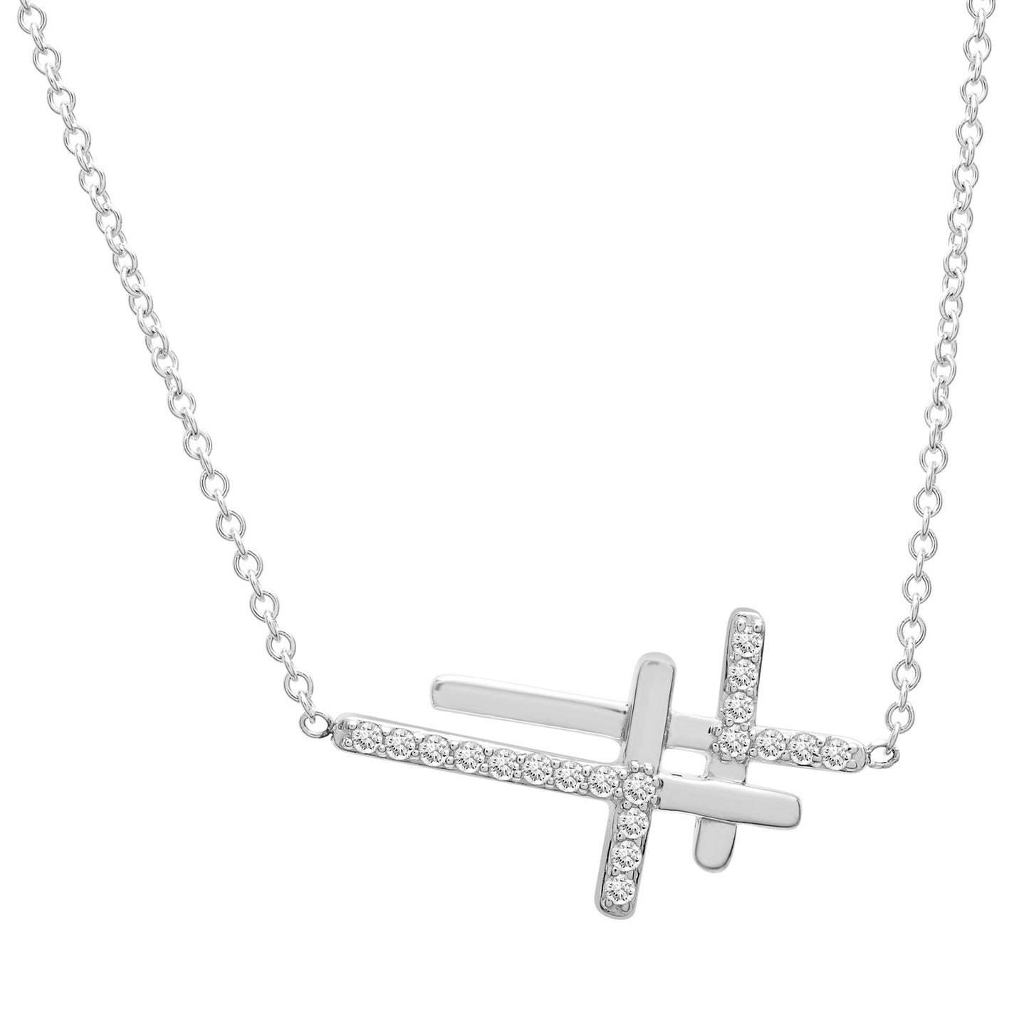Celine Sideways Double Cross Diamond Necklace In Silver