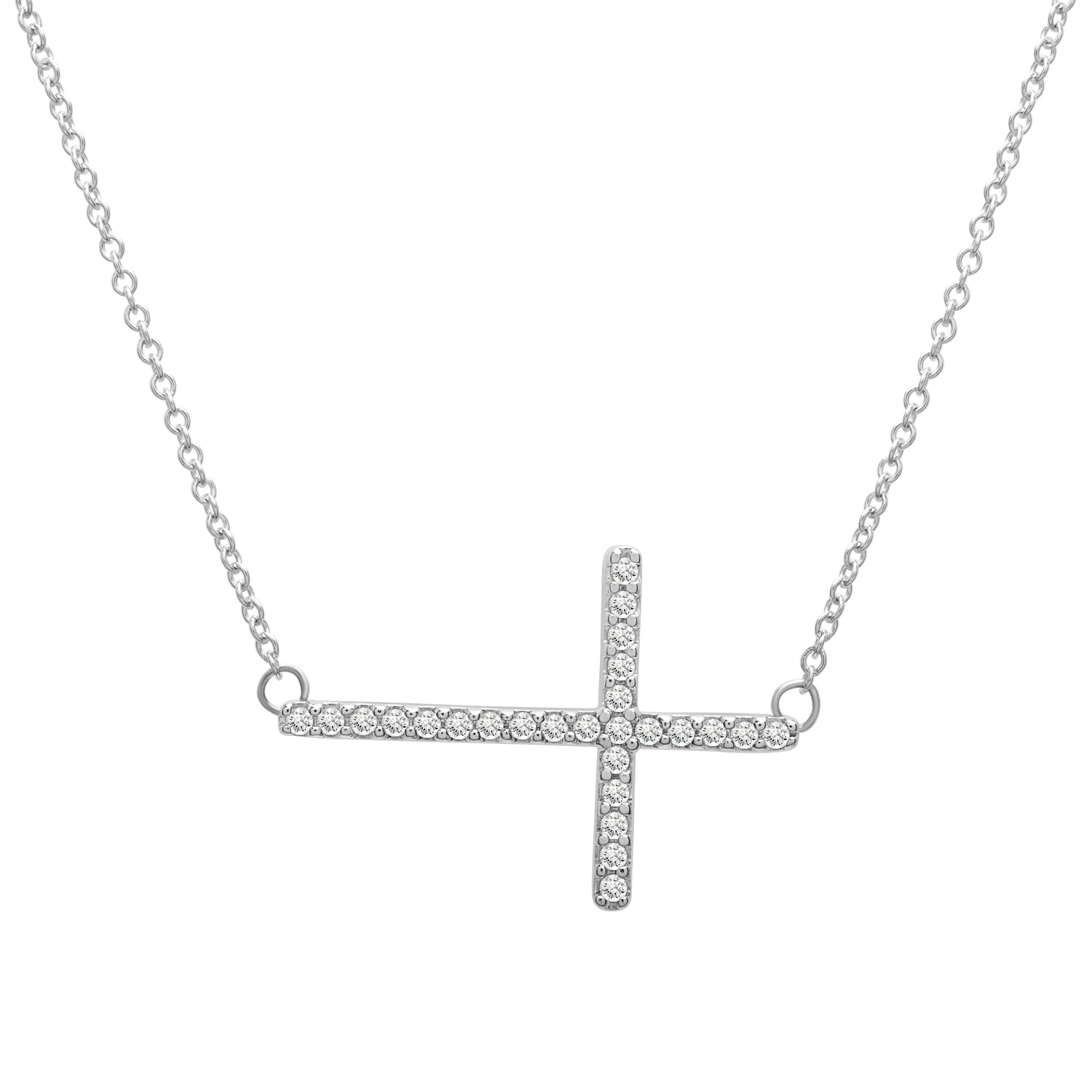 Chelsea Sideways Cross Diamond Necklace In Silver