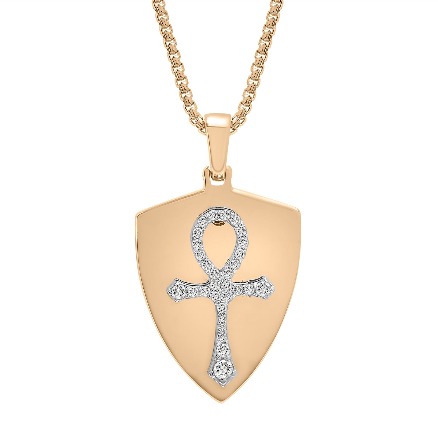 Diamond Ankh Cross Shield Pendant In Gold with Chain