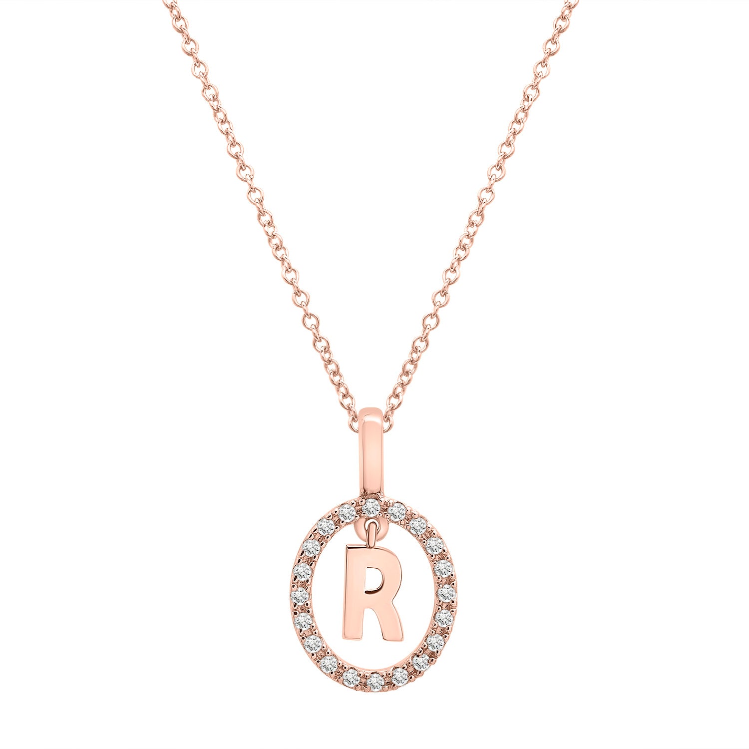 Floating Halo Diamond Initial Pendant Rose Gold R Character