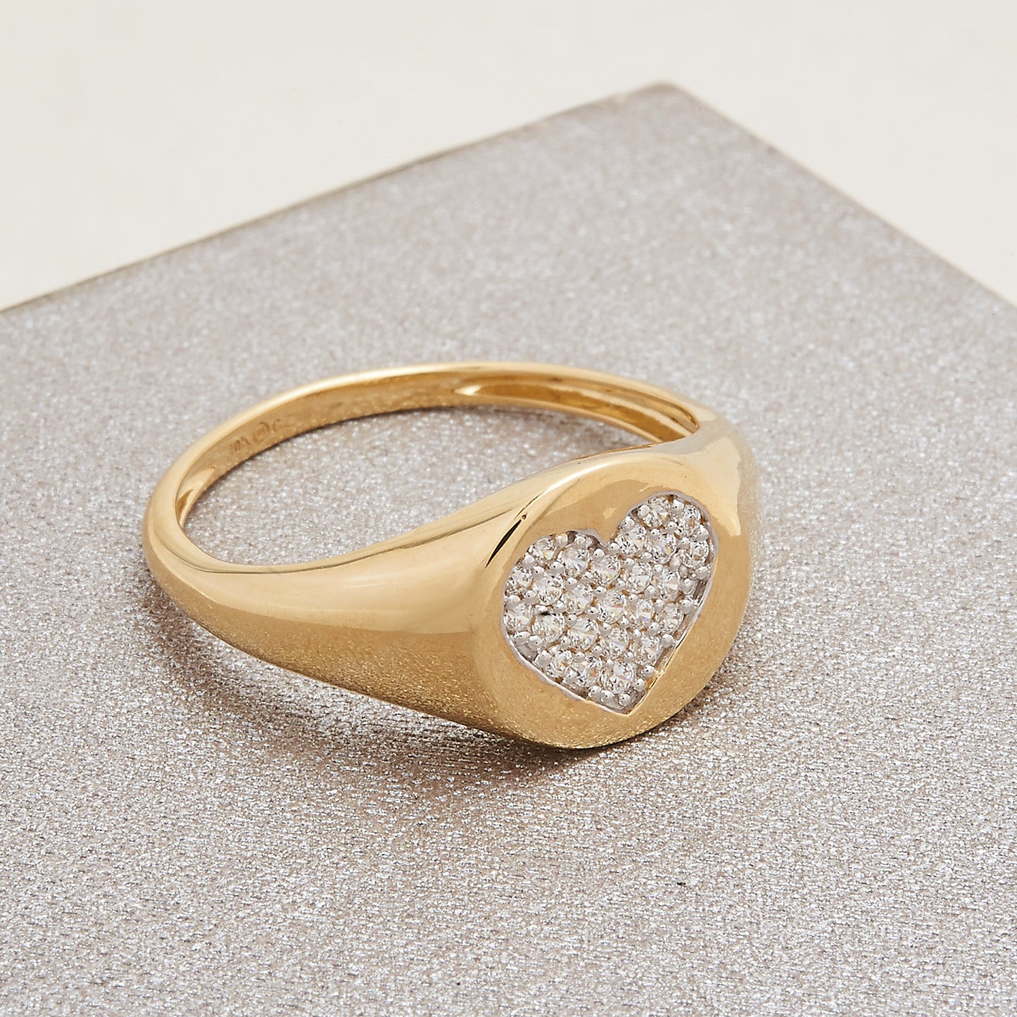 Sophia Diamond Heart Round Signet Ring in Yellow Gold for Hand