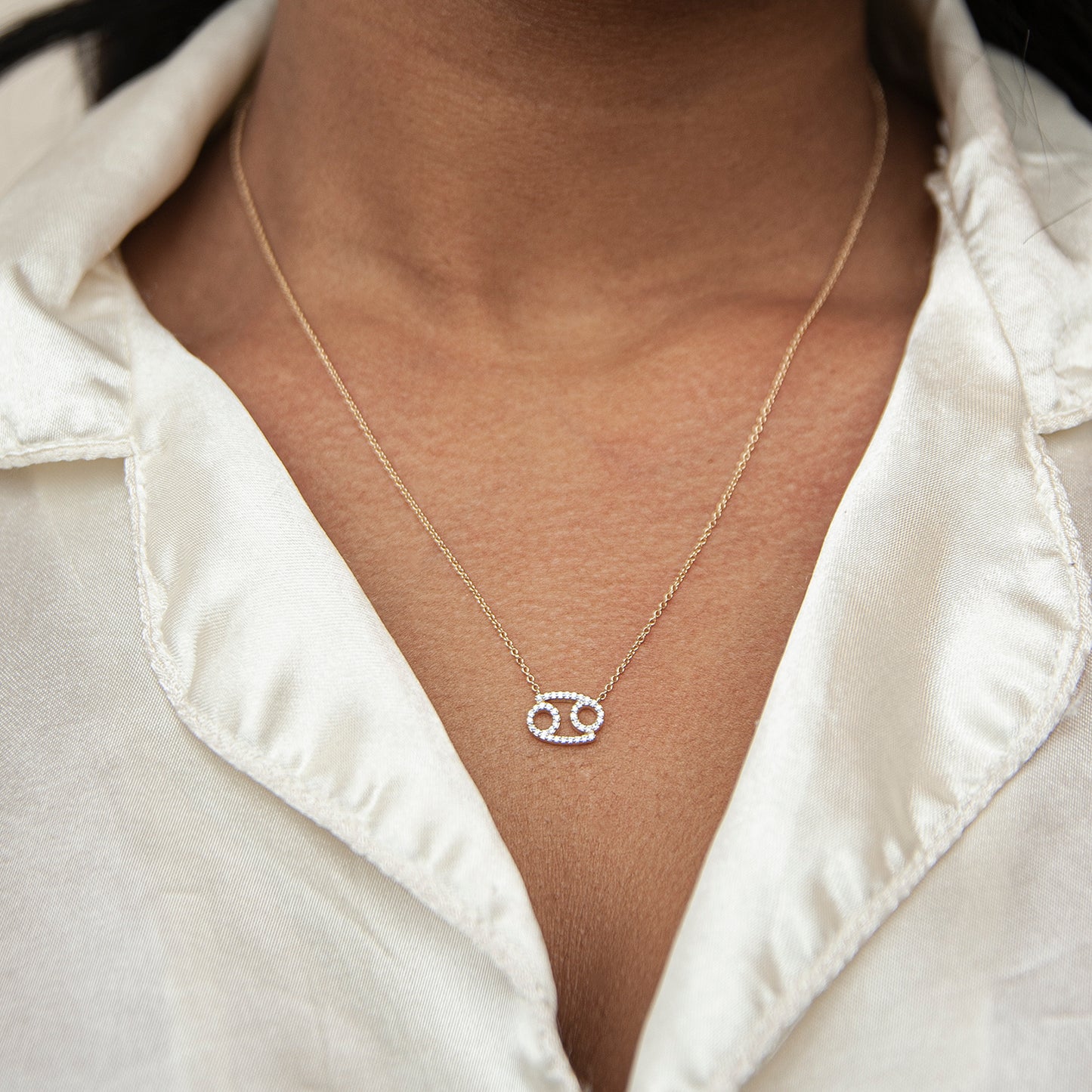 Cancer Zodiac Diamond Necklace in Neck
