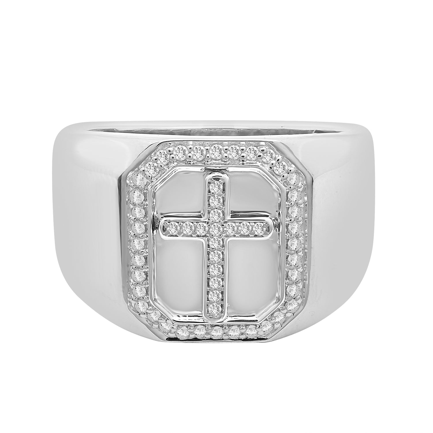 Diamond Cross Signet Ring In Siver front View