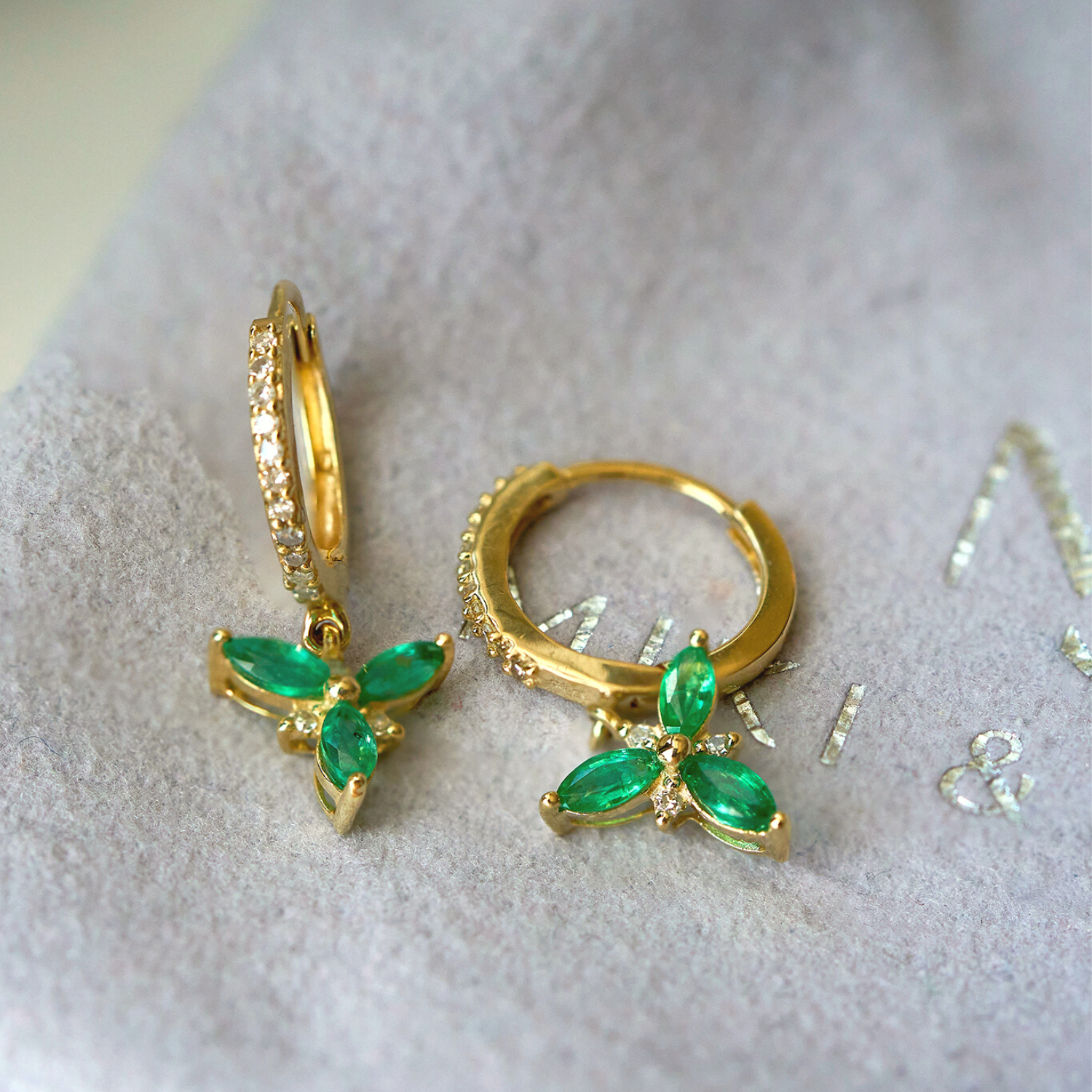 Emerald Flower & Diamond Accent Dangle Hoop Earrings With Logo