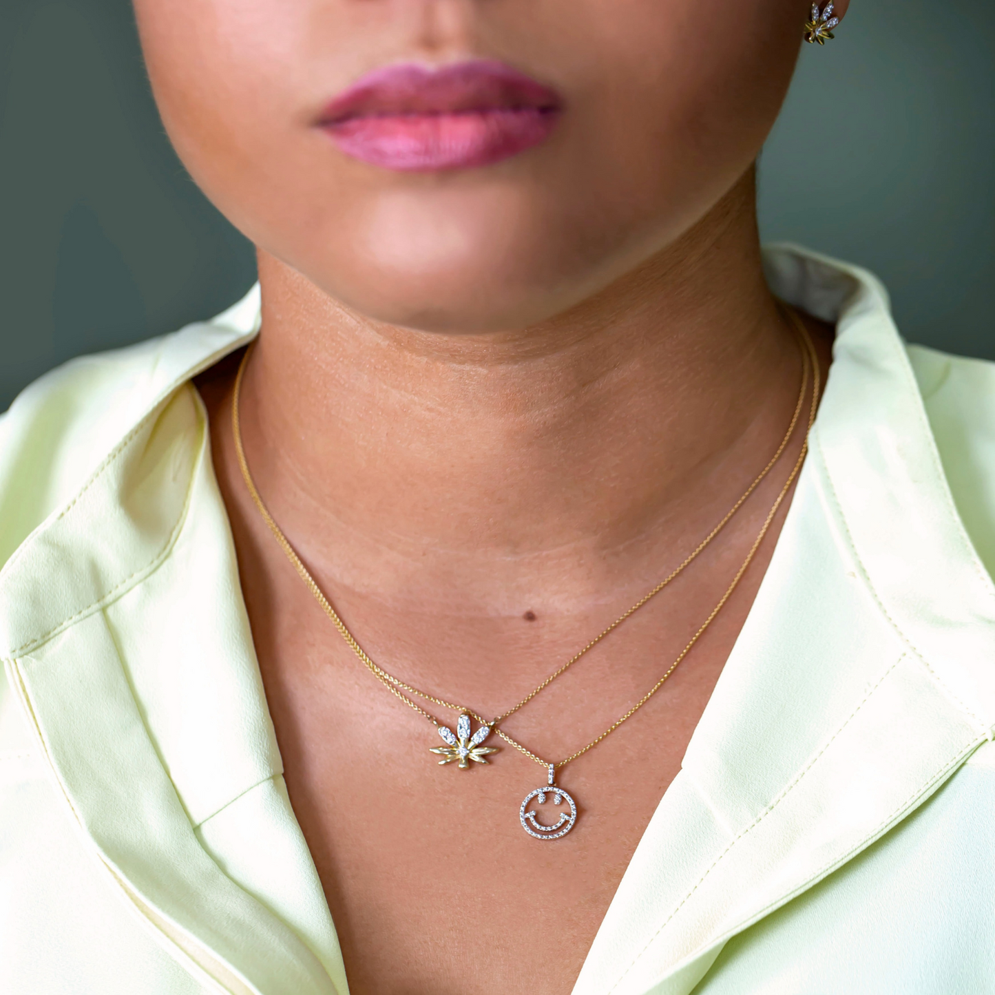 Mary Jane Diamond Leaf Necklace With Gold Chain In Lady's Neck In Different Shape